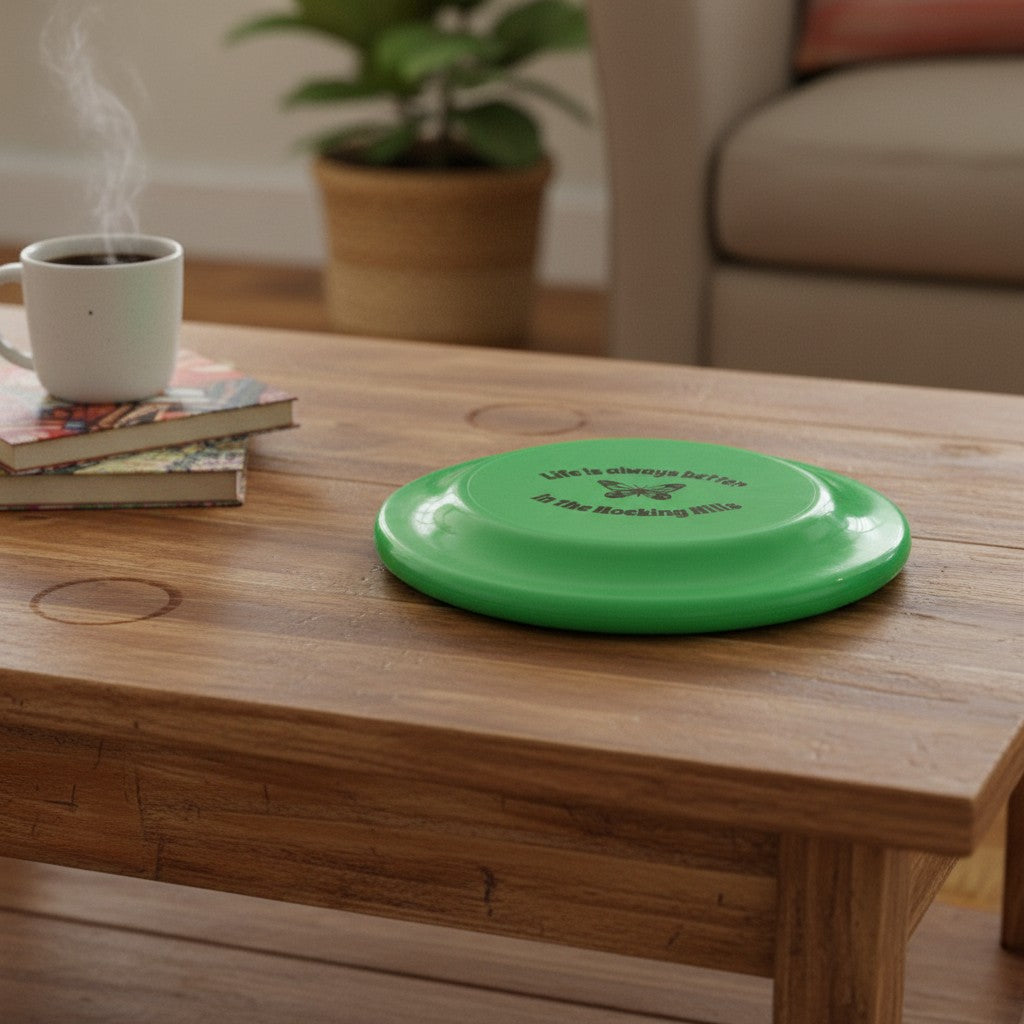 The Hocking Hills Store green frisbee with butterfly graphic and text "Life is always better in the Hocking Hills".