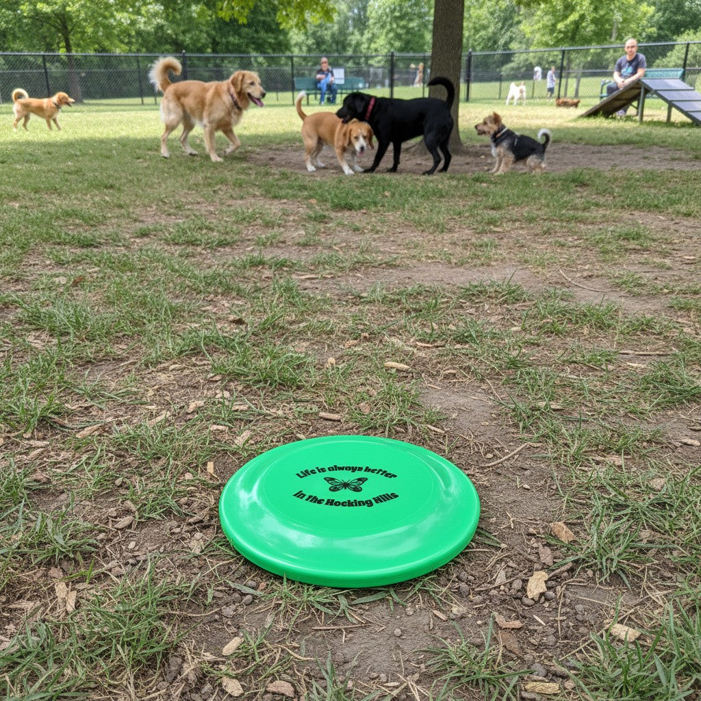 The Hocking Hills Store green frisbee with butterfly graphic and text "Life is always better in the Hocking Hills".