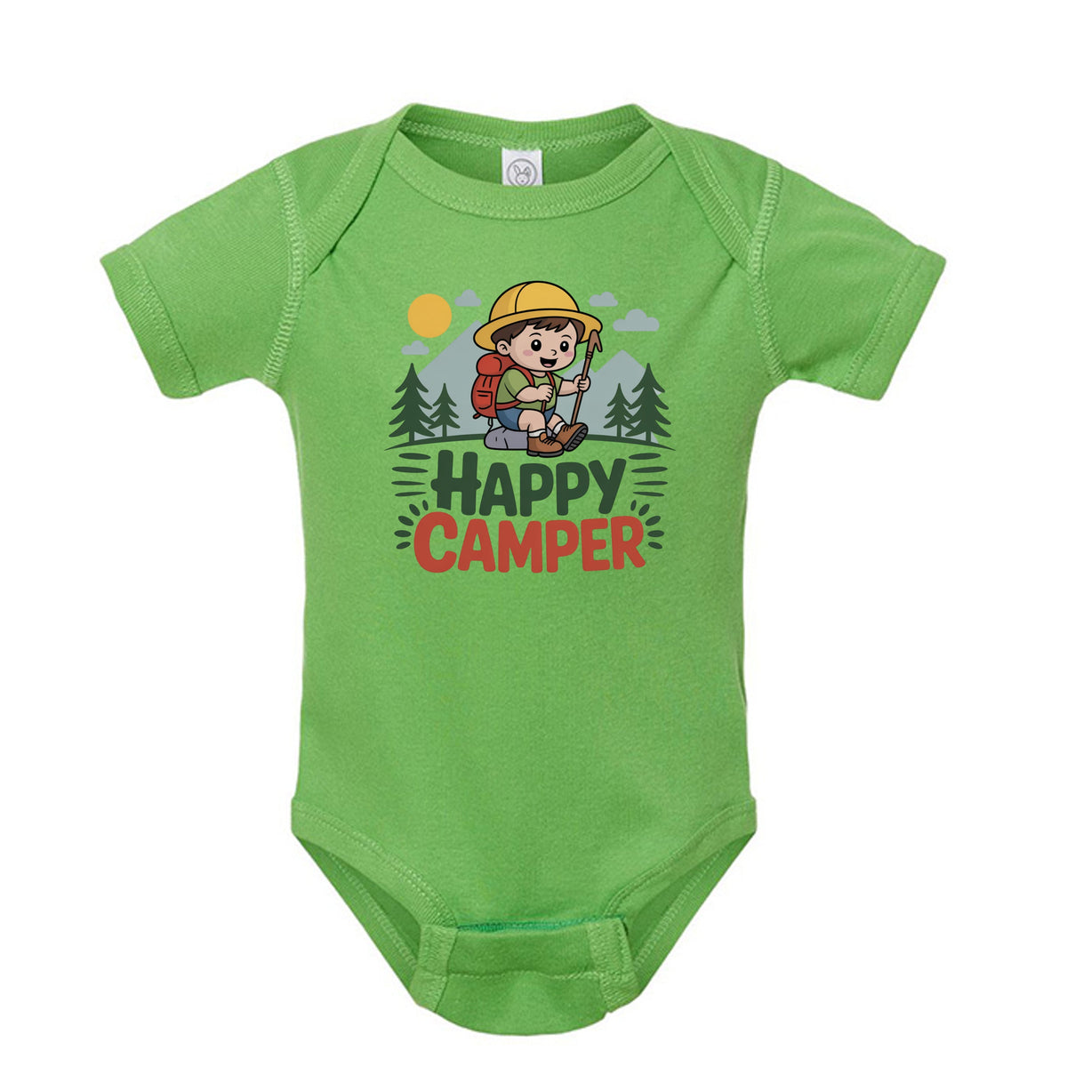 The Hocking Hills Store green infant bodysuit featuring a Happy Camper graphic with a cartoon hiker in nature.