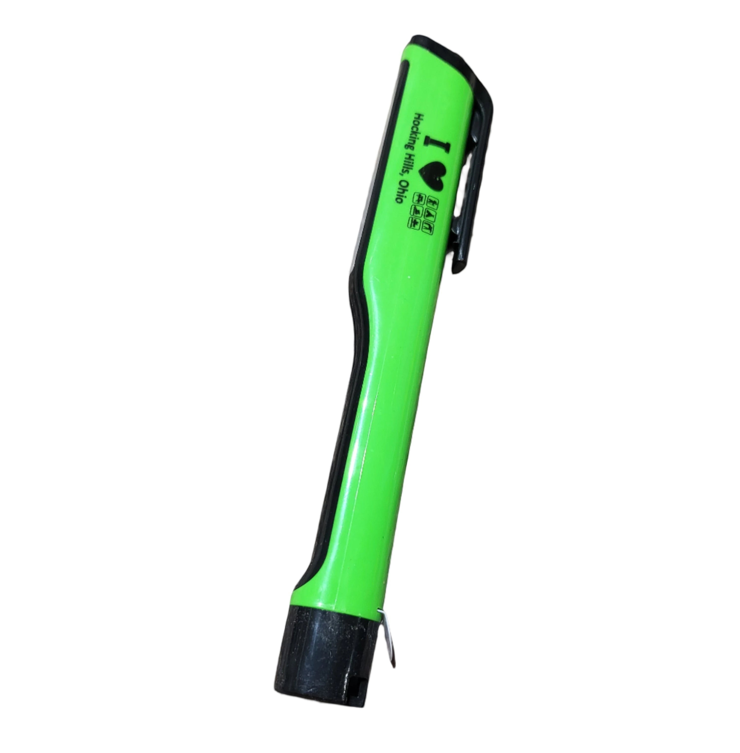 The Hocking Hills Store green LED shirt clip trail light with "I Love Hocking Hills, Ohio" text.