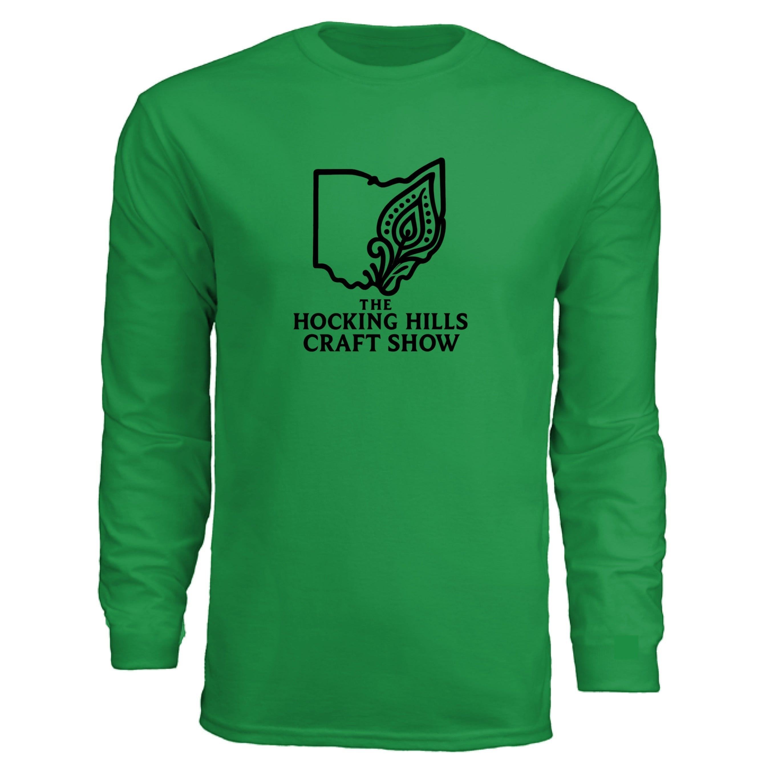 The Hocking Hills Store green long-sleeve polyester t-shirt with Ohio map graphic and "The Hocking Hills Craft Show" text.