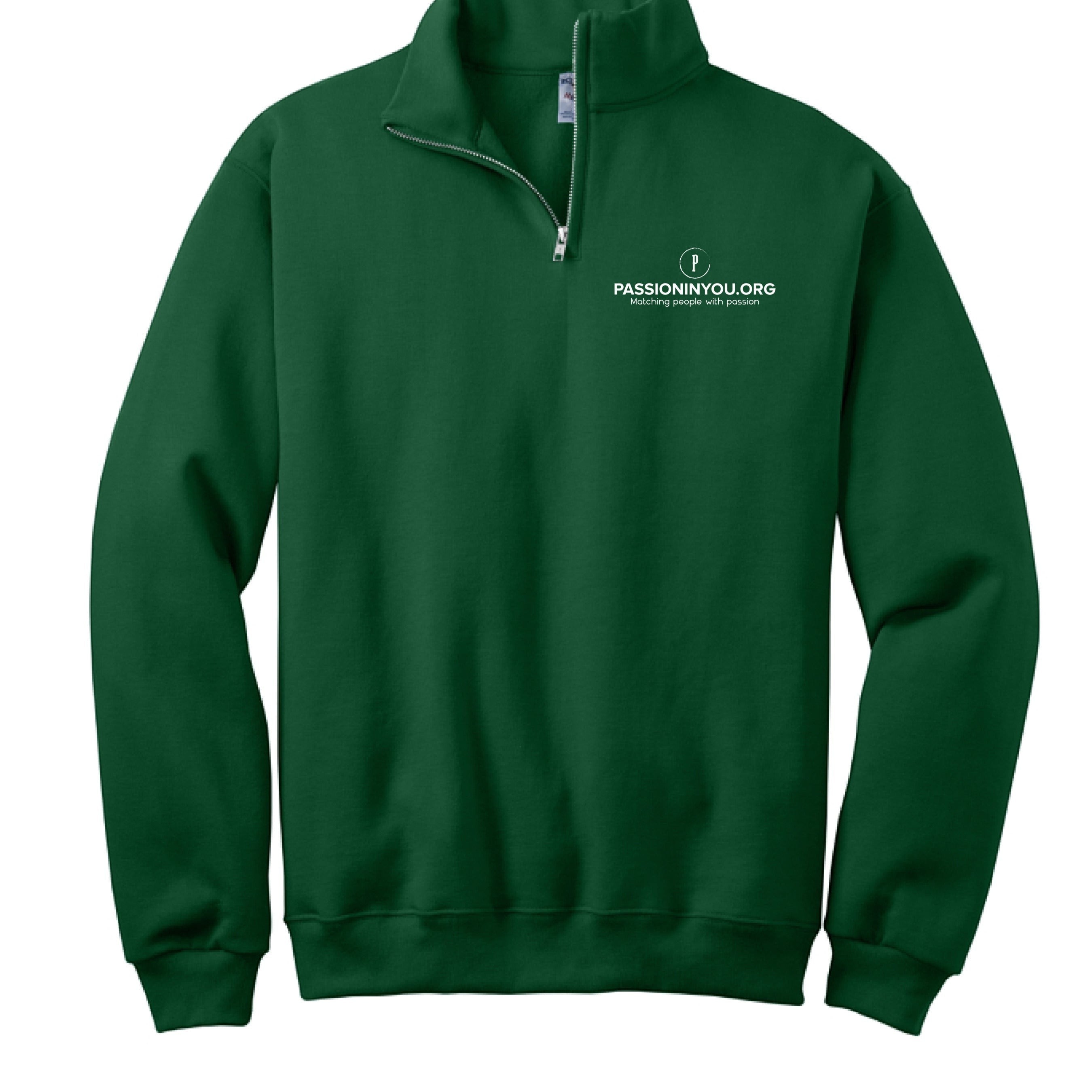 The Hocking Hills Store green quarter zip sweatshirt with Passioninyou.org logo on chest. 50% cotton, 50% polyester.