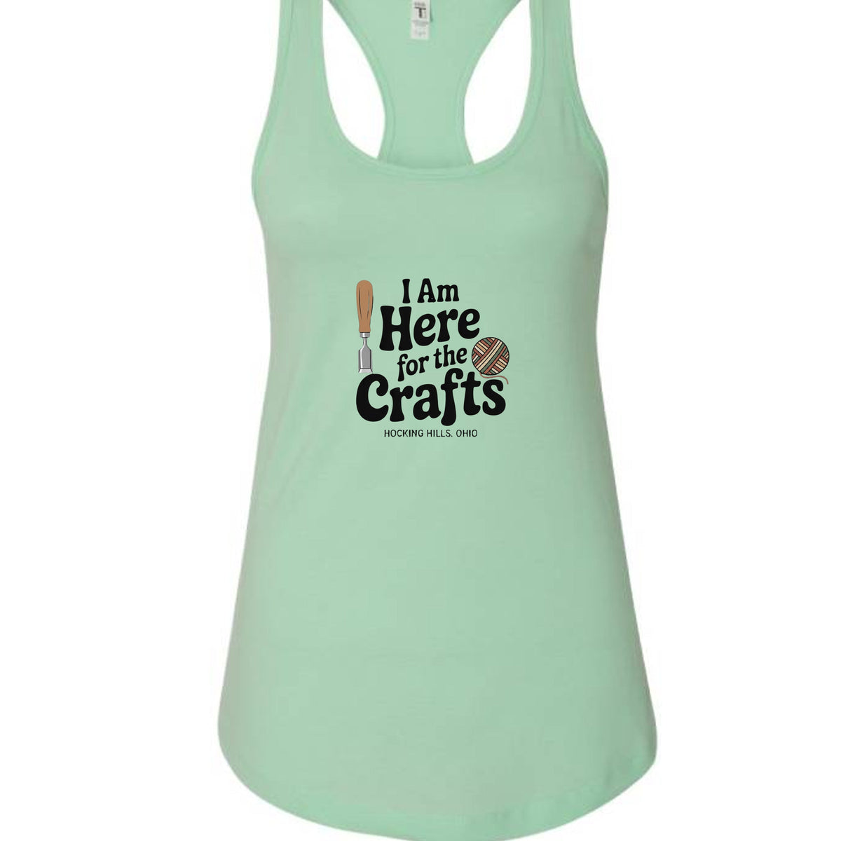 The Hocking Hills Store light green racerback tank top with I Am Here for the Crafts graphic print