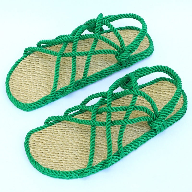 The Hocking Hills Store green rope sandals with tan woven footbeds. Artisanally handcrafted and water-friendly.