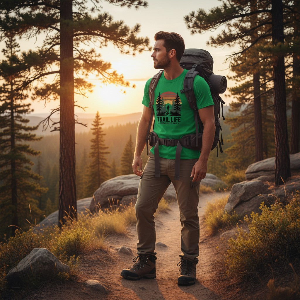 The Hocking Hills Store green cotton t-shirt with a vintage sunset graphic depicting a hiker on a trail surrounded by pine trees and the text TRAIL LIFE HOCKING HILLS, OHIO.