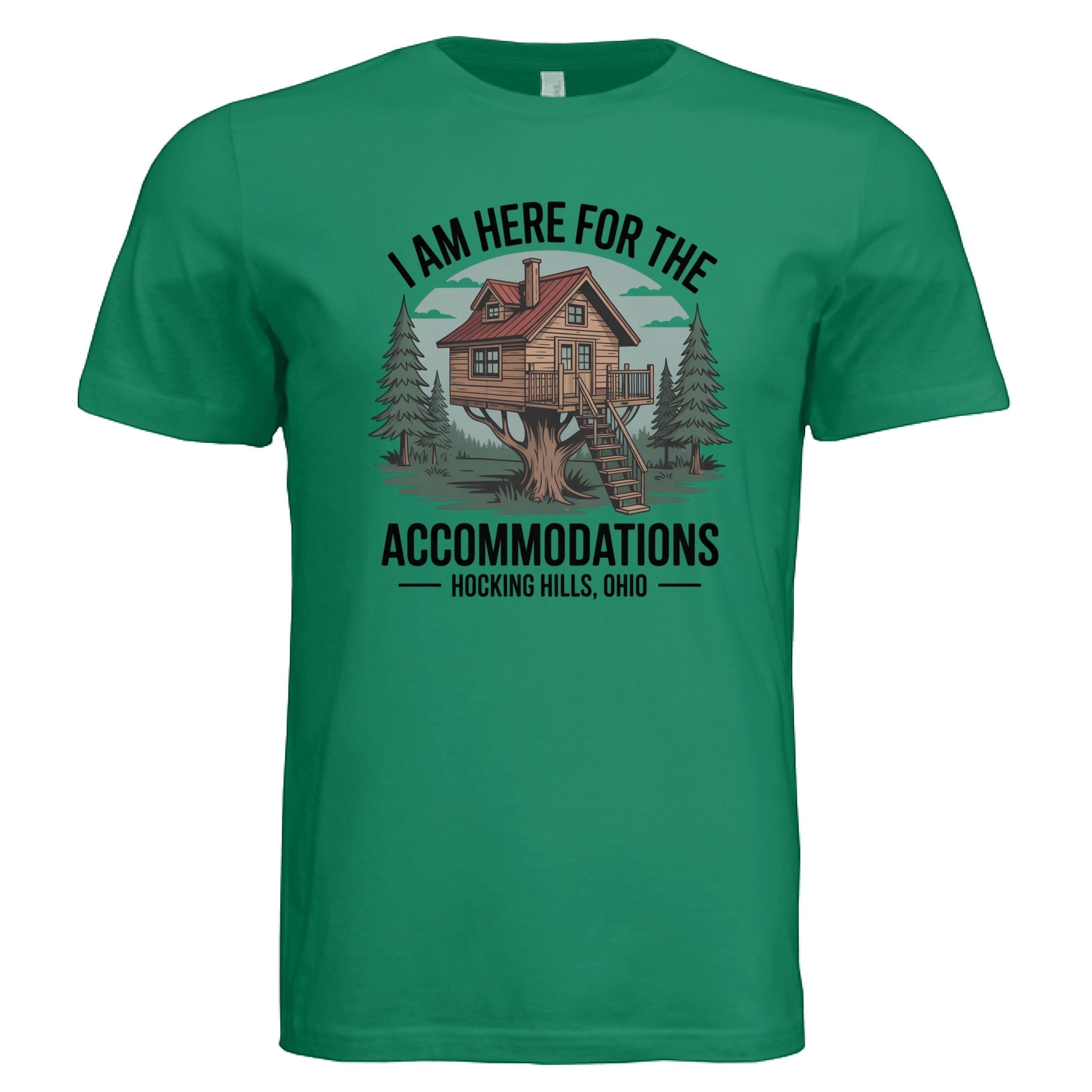 The Hocking Hills Store green triblend t-shirt with a graphic of a treehouse and the text "I Am Here for the Accommodations Hocking Hills, Ohio".