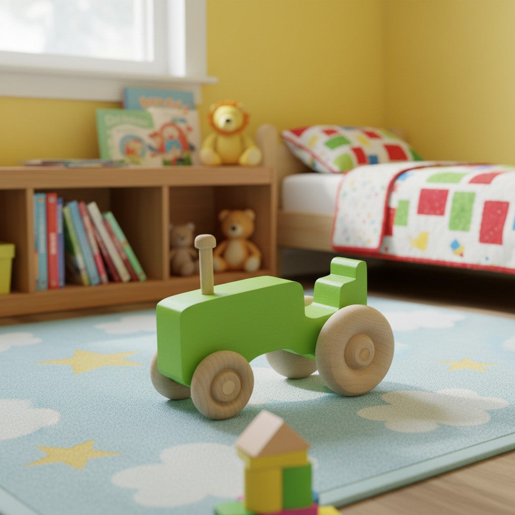 The Hocking Hills Store handmade green wooden toy tractor with natural wood wheels and steering column.