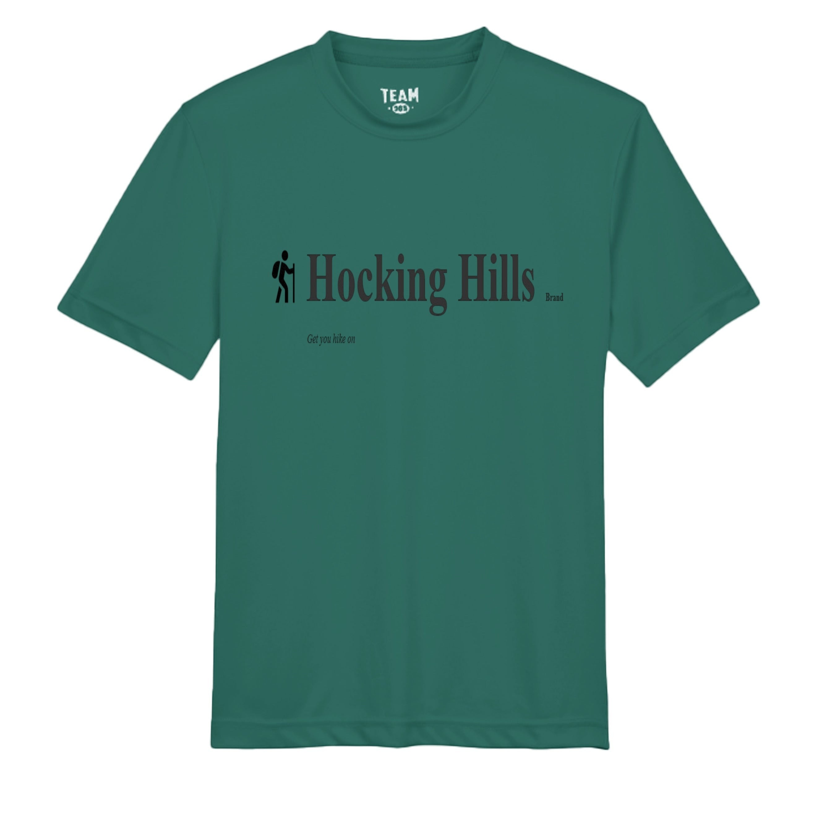 The Hocking Hills Store green polyester youth performance t-shirt with "Hocking Hills Brand" graphic and hiker icon.