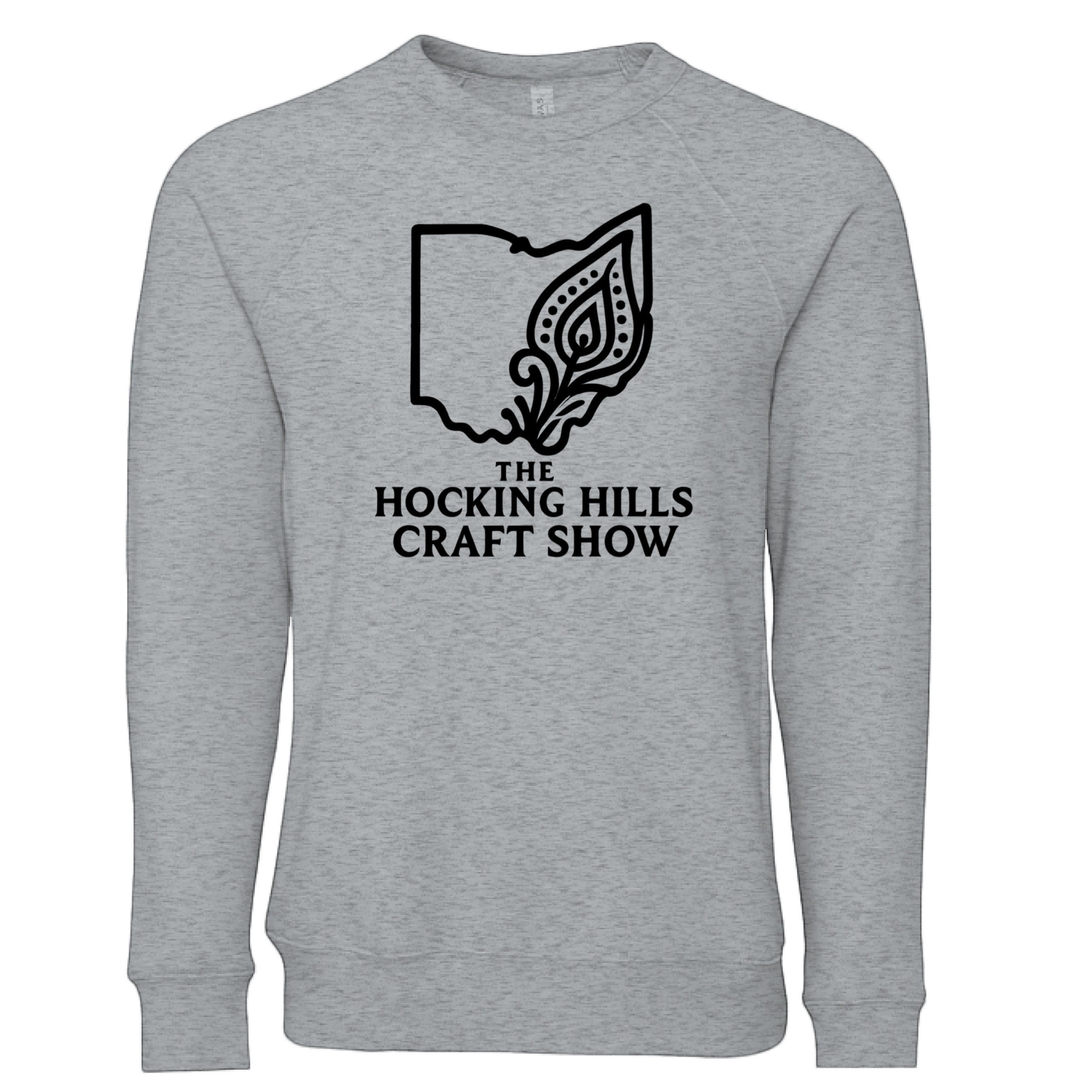 The Hocking Hills Store grey unisex sponge fleece crew neck sweatshirt with raglan sleeves and a black Ohio outline graphic with a decorative leaf.