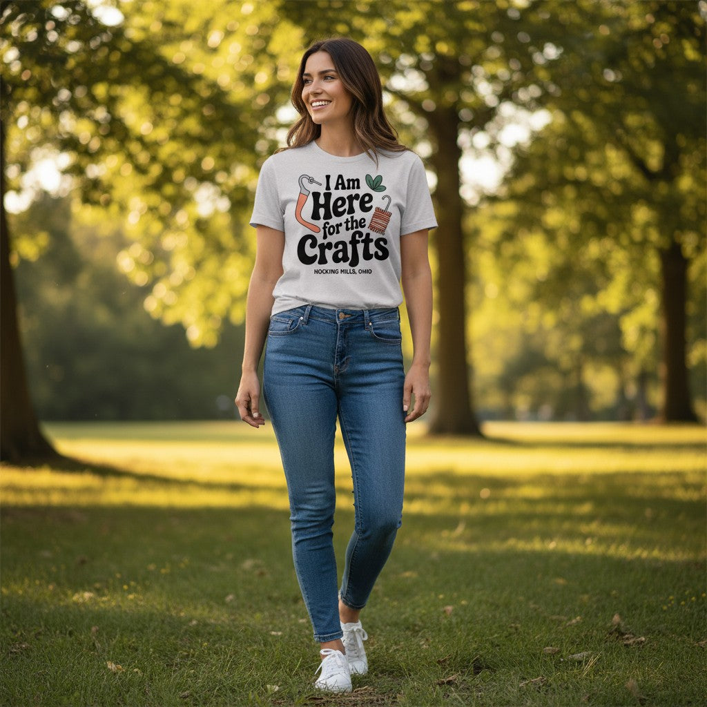 The Hocking Hills Store grey triblend t-shirt with "I Am Here for the Crafts" graphic and Hocking Hills, Ohio text.