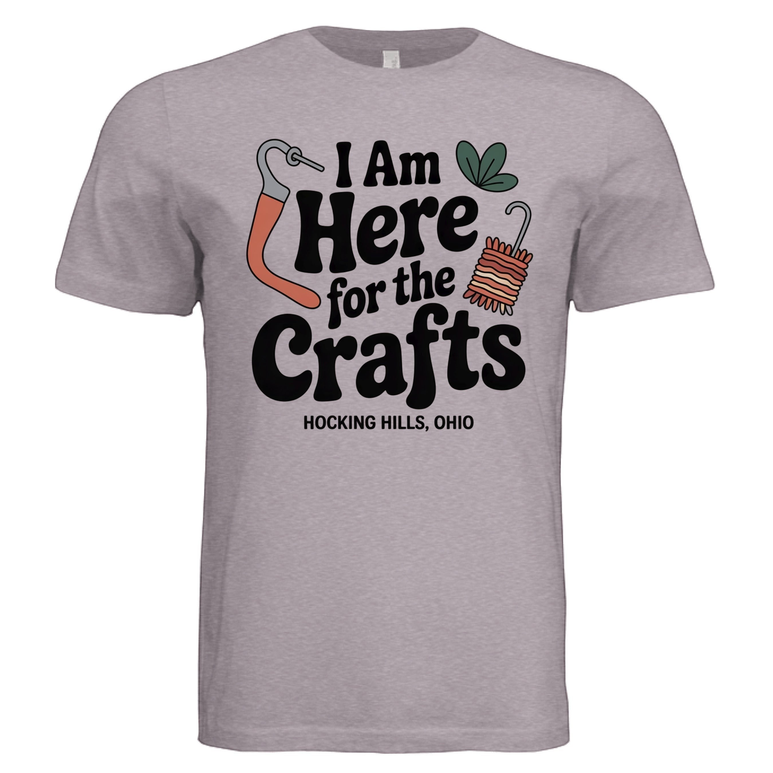 The Hocking Hills Store grey triblend t-shirt with "I Am Here for the Crafts Hocking Hills, Ohio" graphic. Features craft tools.