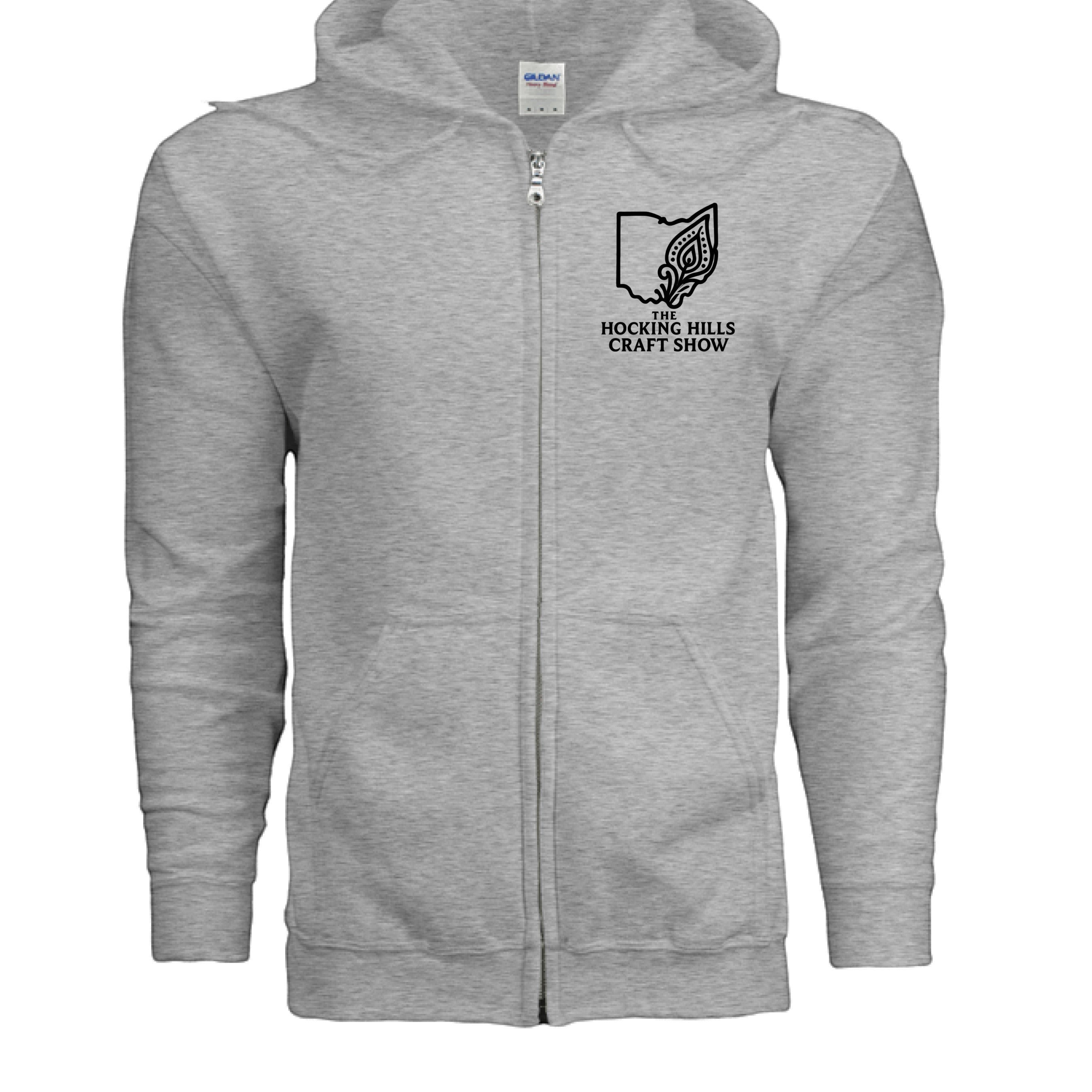 The Hocking Hills Store grey 50/50 cotton-polyester full-zip hoodie with Ohio map logo.