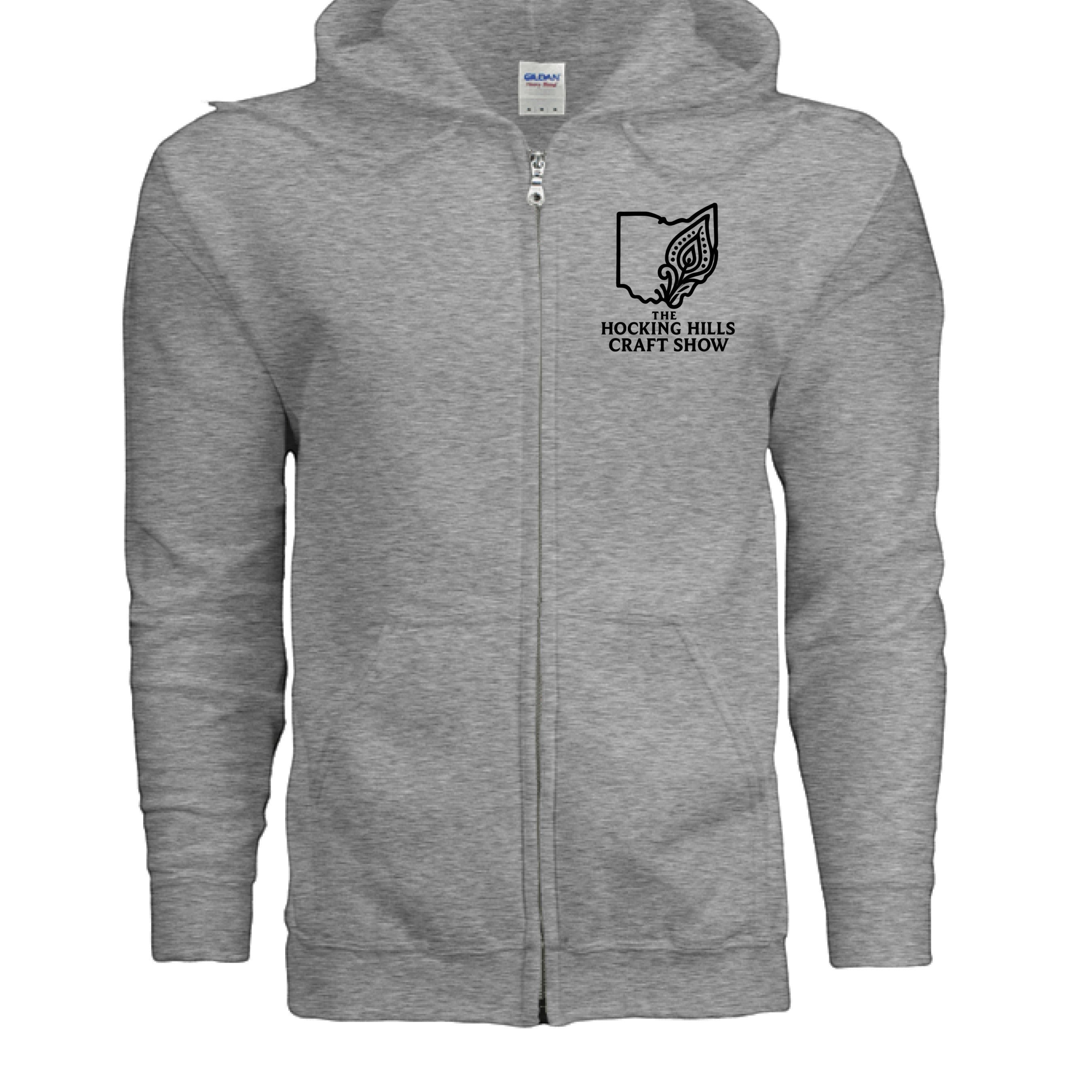 The Hocking Hills Store grey 50/50 cotton-polyester full-zip hoodie with Ohio map logo.
