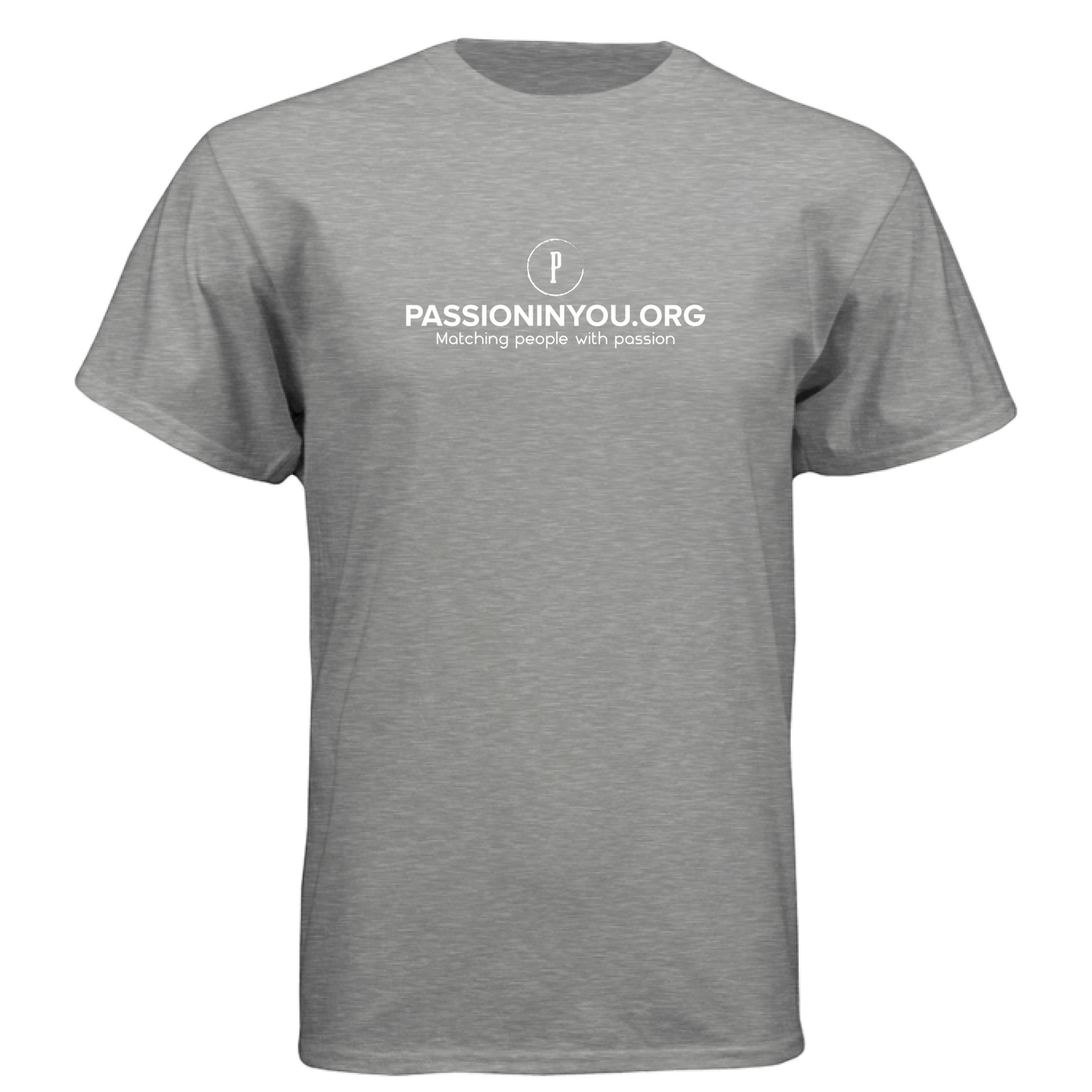 The Hocking Hills Store grey heathered CVC blend short-sleeve t-shirt with PassionInYou.org logo.