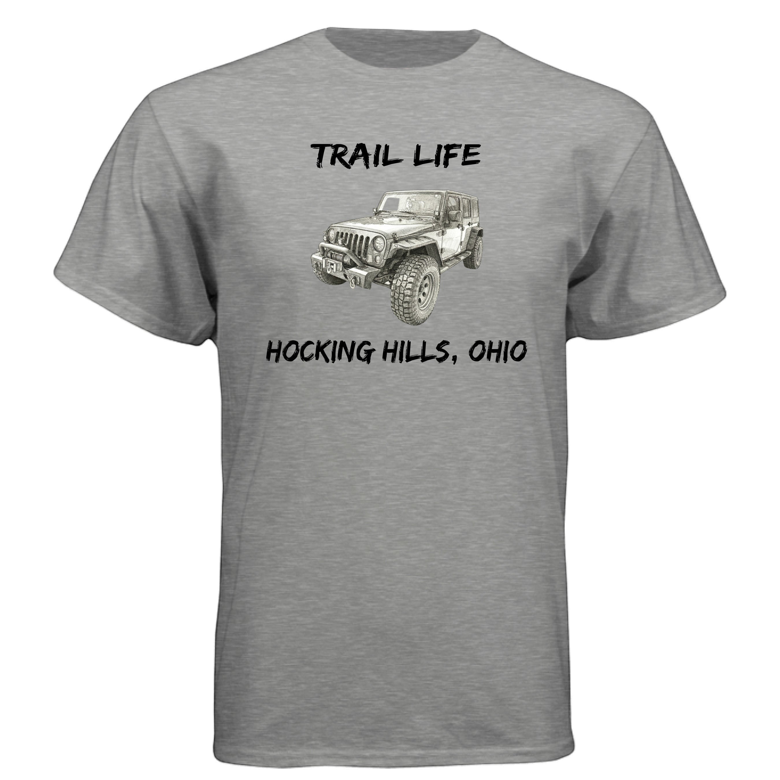 The Hocking Hills Store grey heathered cotton-polyester blend t-shirt with a graphic of a Jeep and text reading TRAIL LIFE and HOCKING HILLS, OHIO.