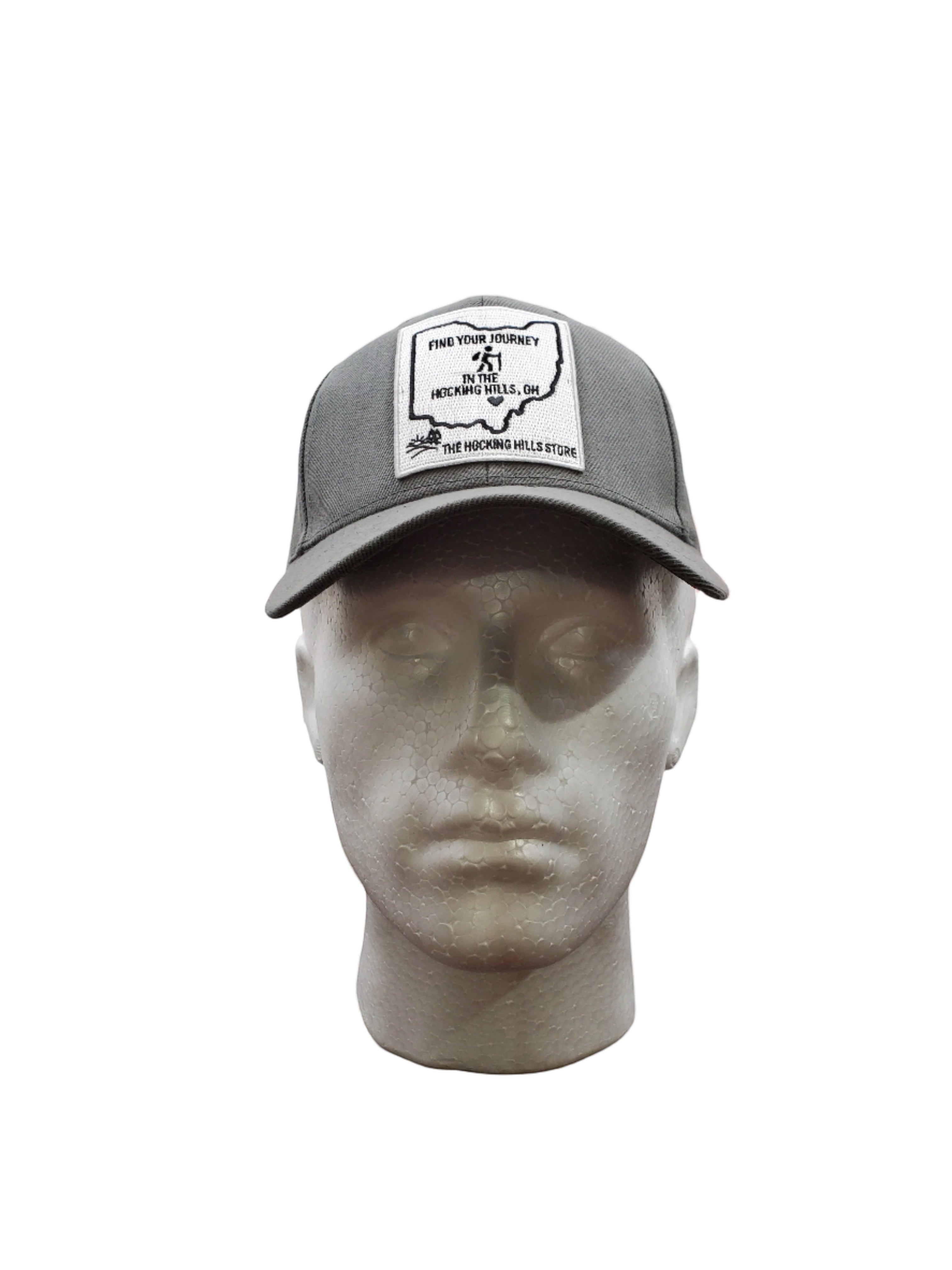The Hocking Hills Store grey embroidered patch baseball cap with Ohio outline and hiking graphic.