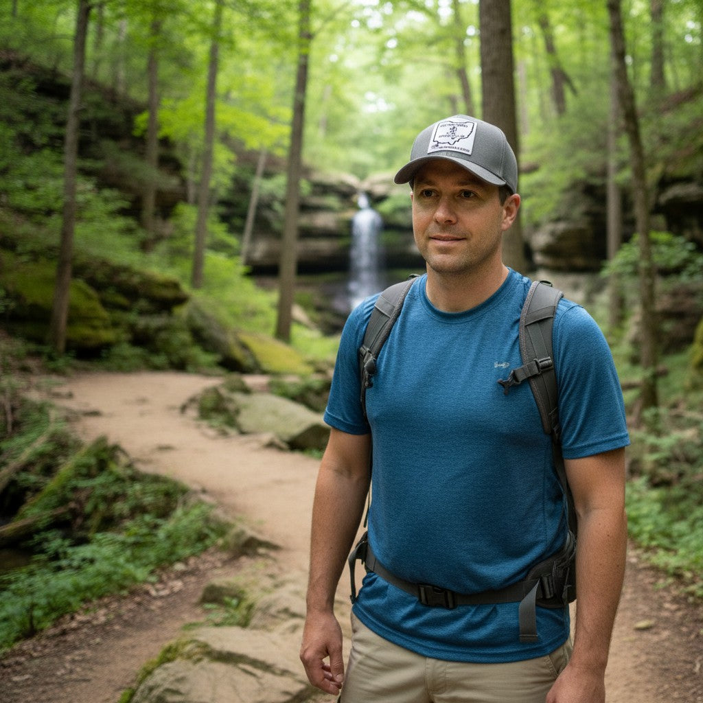 The Hocking Hills Store grey embroidered patch baseball cap with "Find Your Journey" and Ohio outline graphic.
