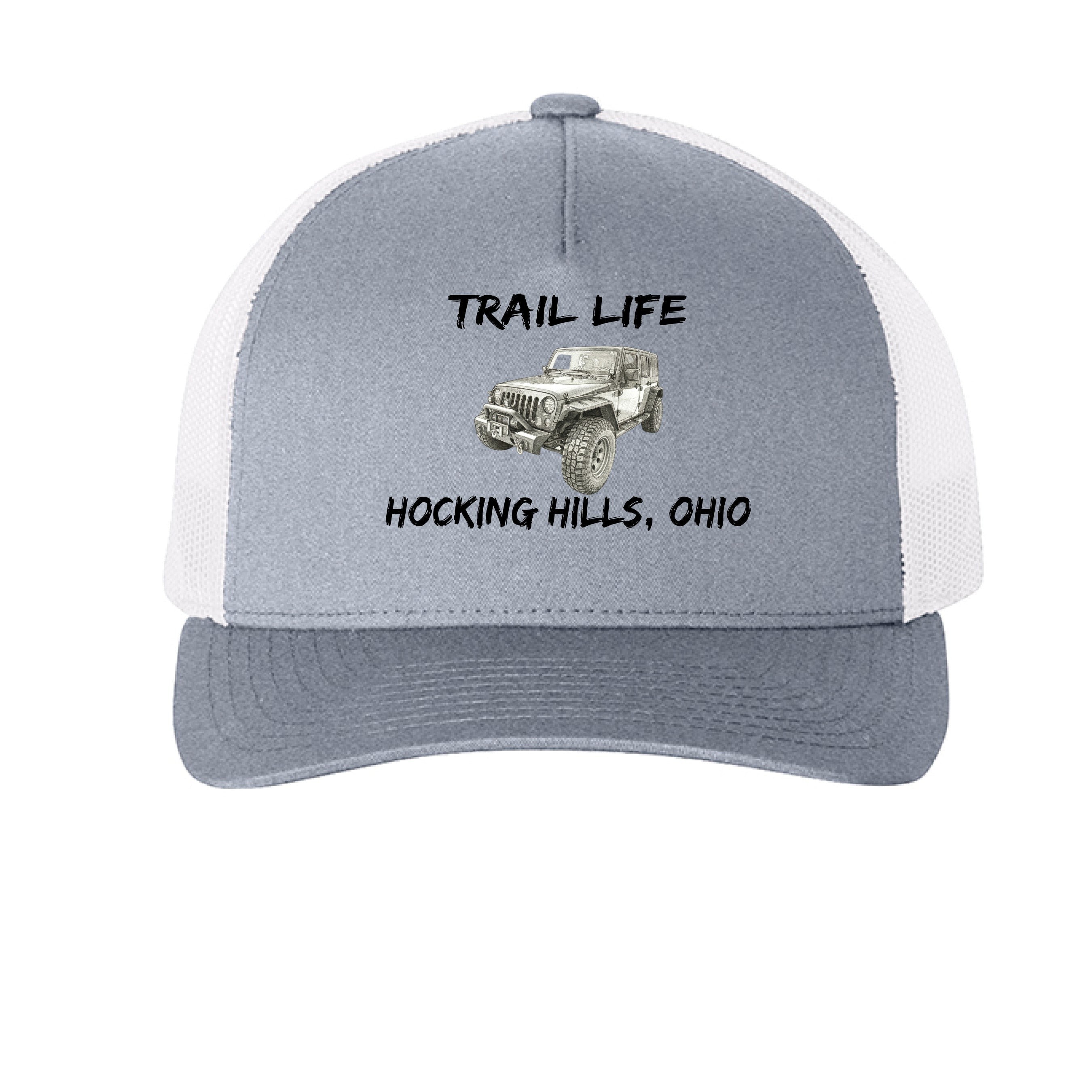 The Hocking Hills Store Trail Life Jeep hat is a grey and white trucker cap with a Jeep graphic and Hocking Hills, Ohio text.