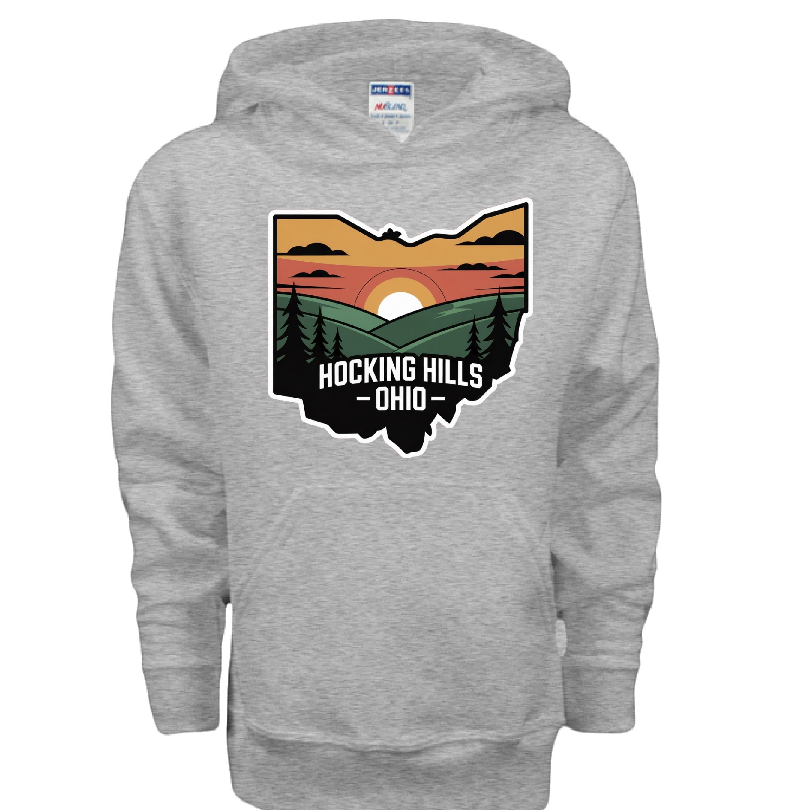 The Hocking Hills Store grey youth hoodie with a Hocking Hills Ohio graphic featuring a sunset over rolling hills and trees.