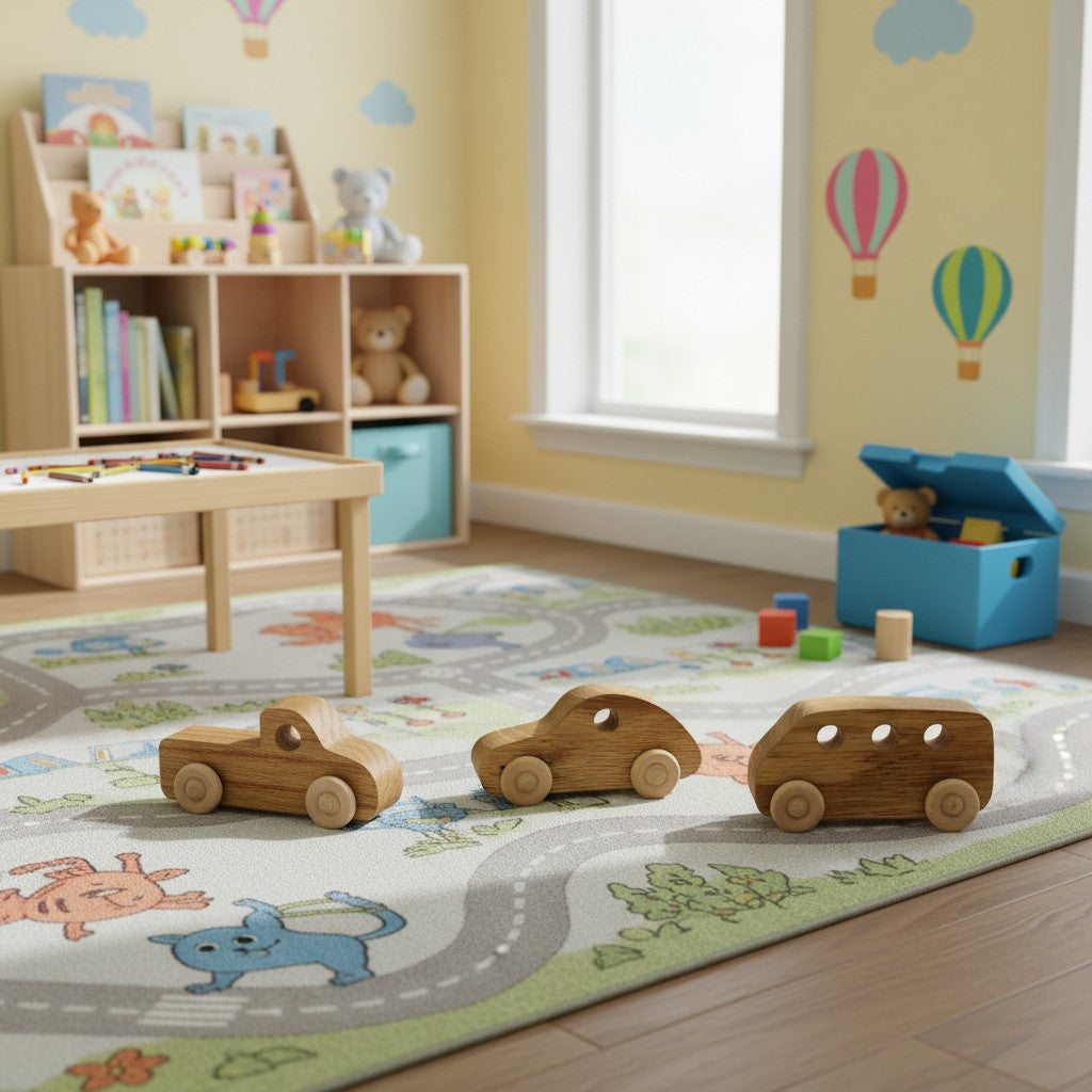 The Hocking Hills Store handmade wooden toy cars: a pickup truck, a sedan, and a bus, on a white background.