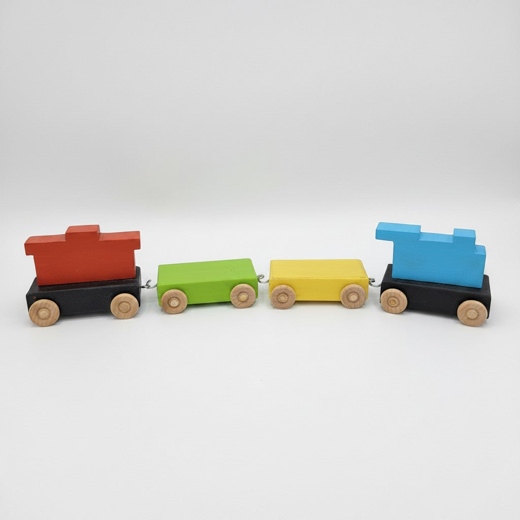 The Hocking Hills Store handmade wooden toy train with red, green, yellow, and blue carriages on black bases with wooden wheels.