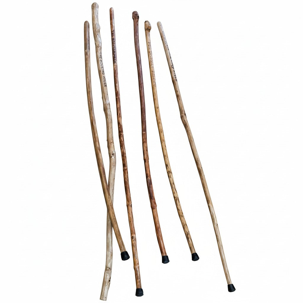 The Hocking Hills Store handmade wooden walking sticks, natural wood finish, unique artisan craftsmanship, ideal for hiking and stability.