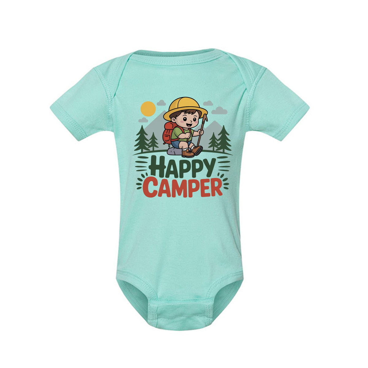The Hocking Hills Store light blue infant bodysuit featuring a Happy Camper graphic with a cartoon hiker in nature.