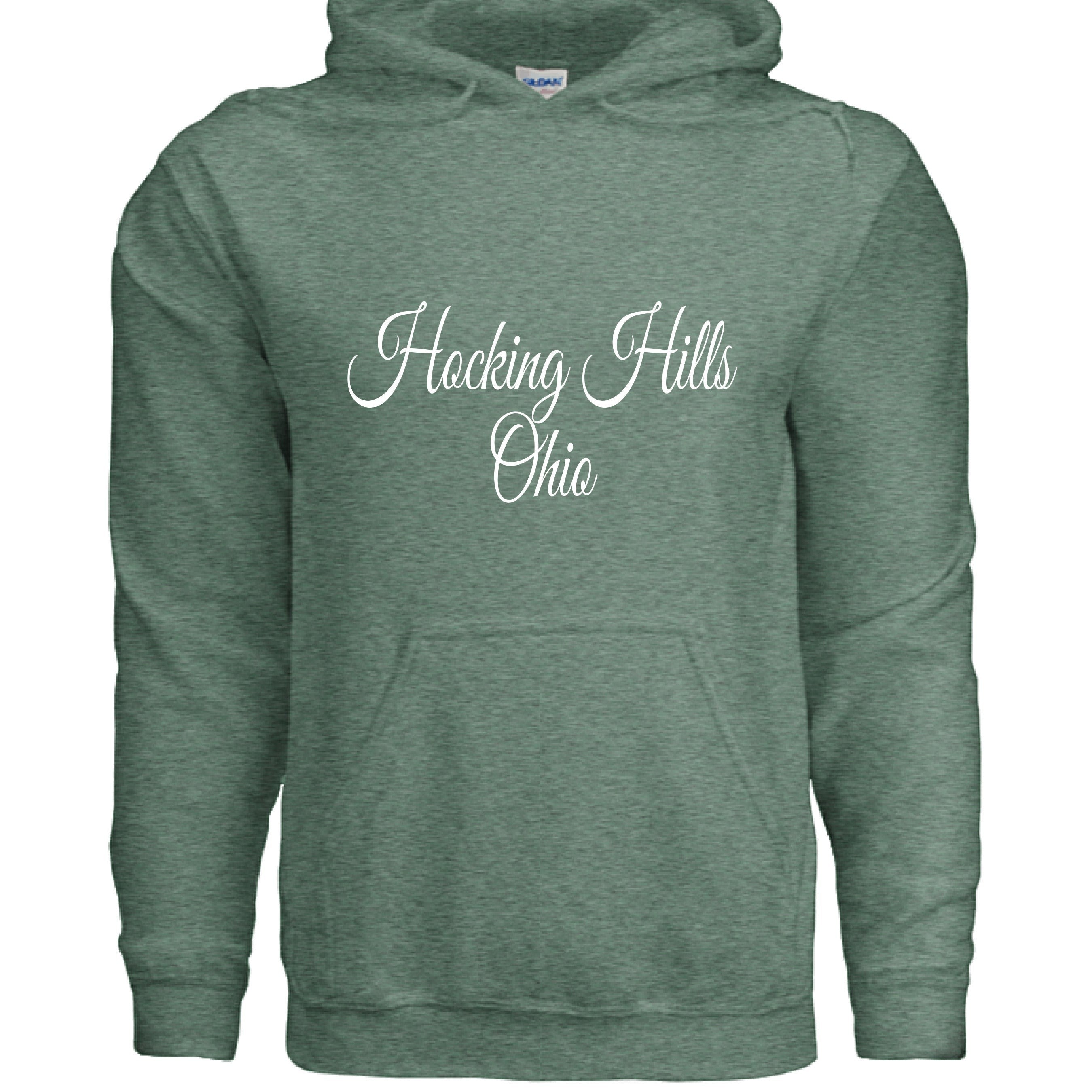 The Hocking Hills Store heather green cotton-blend hoodie with white script text reading "Hocking Hills Ohio".