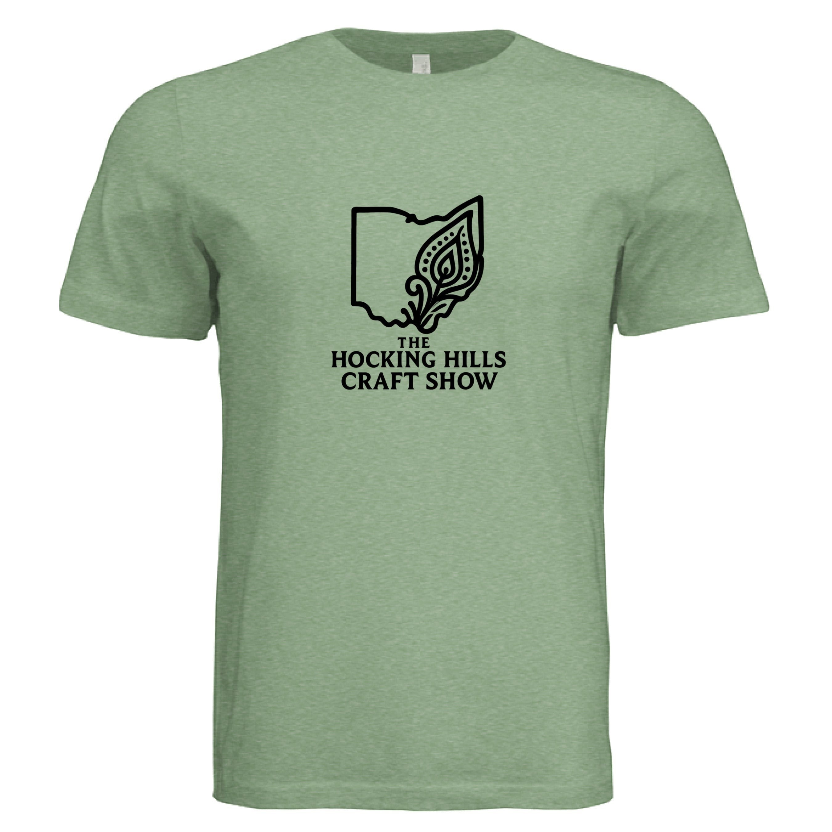 The Hocking Hills Store unisex tri-blend t-shirt in heathered sage green with a black outline of Ohio and "The Hocking Hills Craft Show" text.