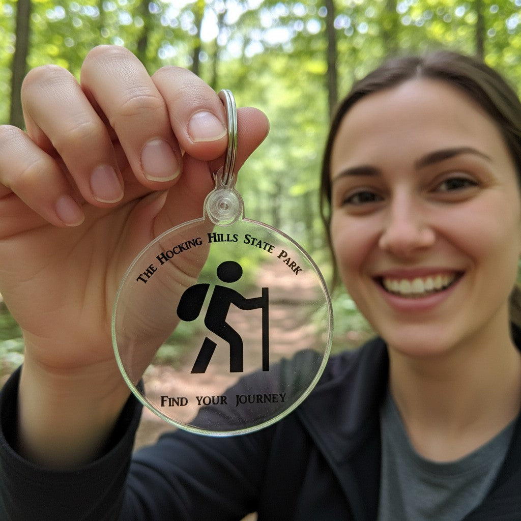 The Hocking Hills Store keychain with a hiker graphic and "Find Your Journey" text. Clear acrylic with black design.