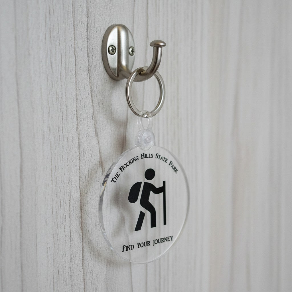 The Hocking Hills Store keychain with a hiker graphic and "Find Your Journey" text. Clear acrylic with black design.