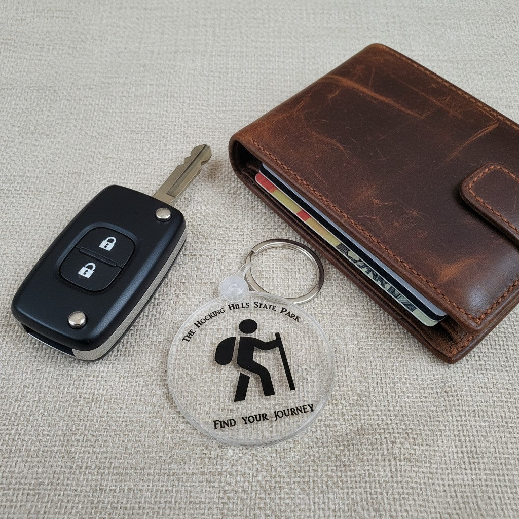The Hocking Hills Store keychain with a hiker graphic and "Find Your Journey" text. Clear acrylic.