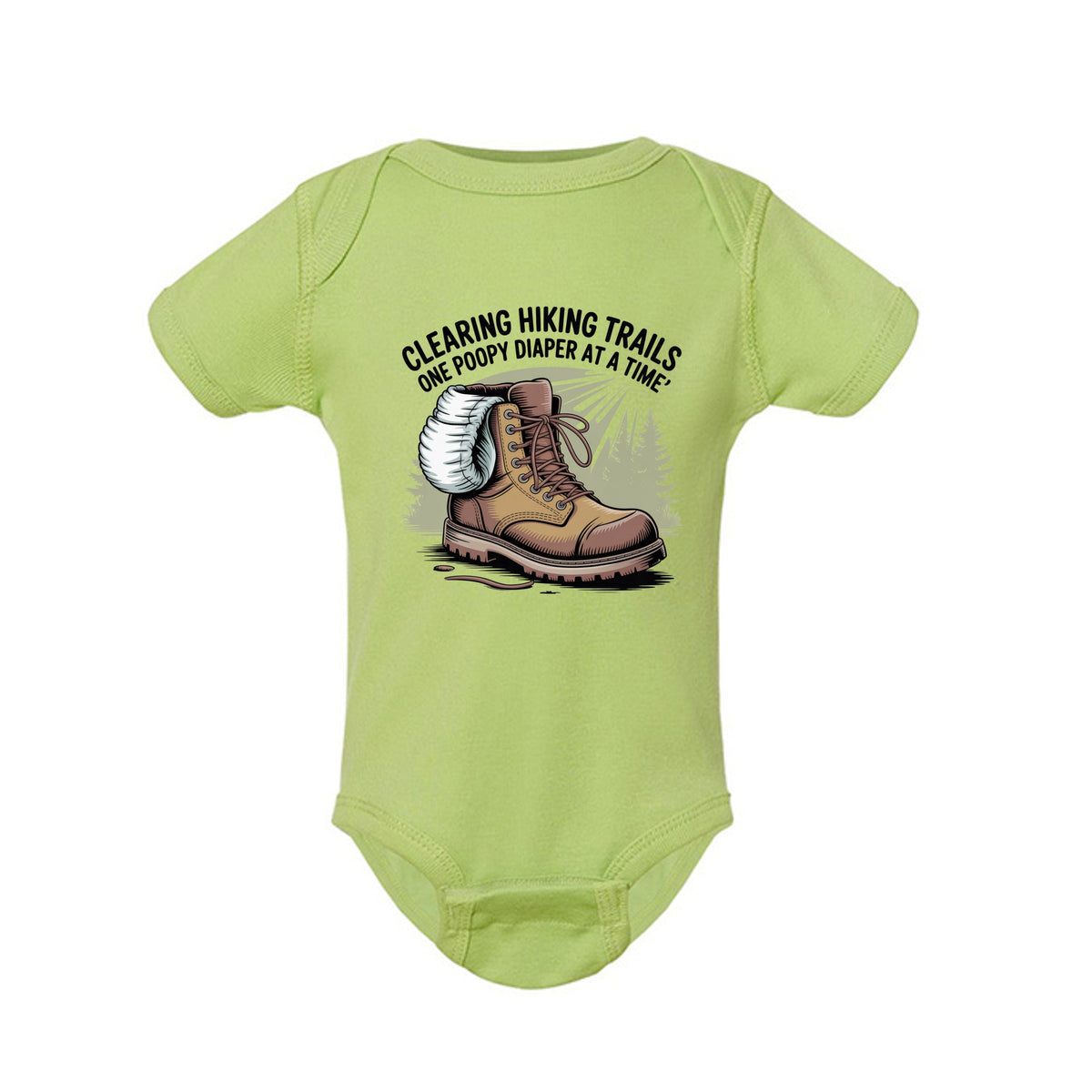 The Hocking Hills Store light green infant bodysuit with a hiking boot and diaper graphic and funny trail text.