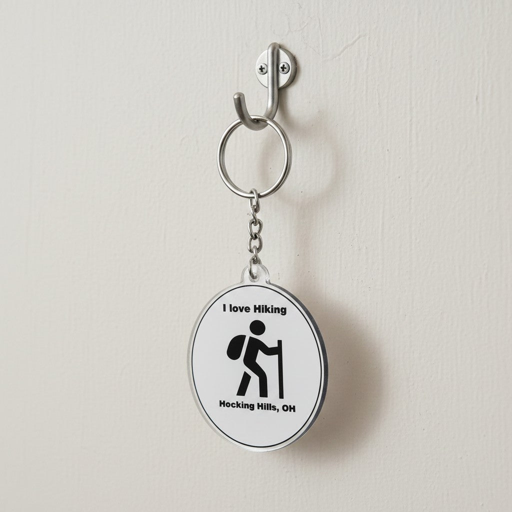 The Hocking Hills Store keychain with a hiker icon and text 'I love Hiking Hocking Hills, OH'.