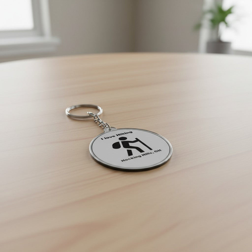 The Hocking Hills Store keychain with a hiker icon and text 'I love Hiking Hocking Hills, OH'.