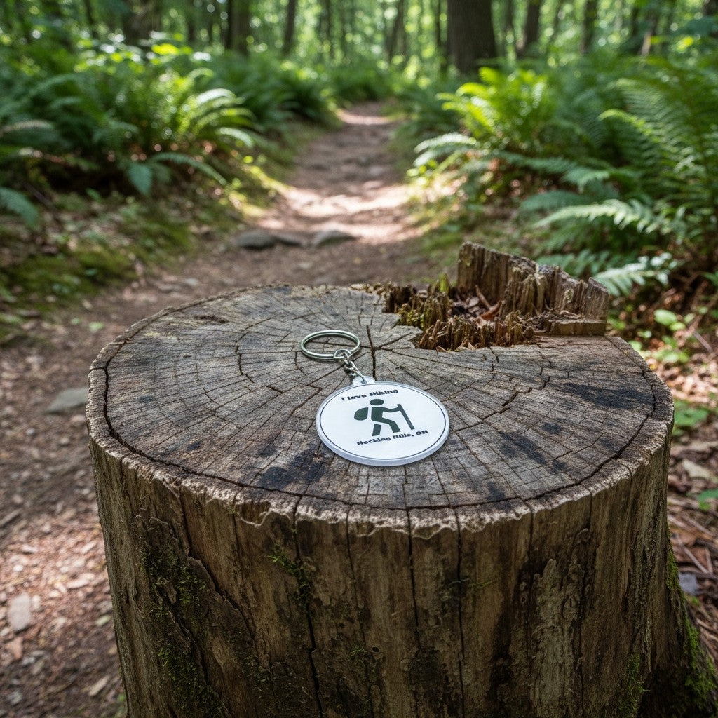 The Hocking Hills Store keychain with a hiker icon and text 'I love Hiking Hocking Hills, OH'.