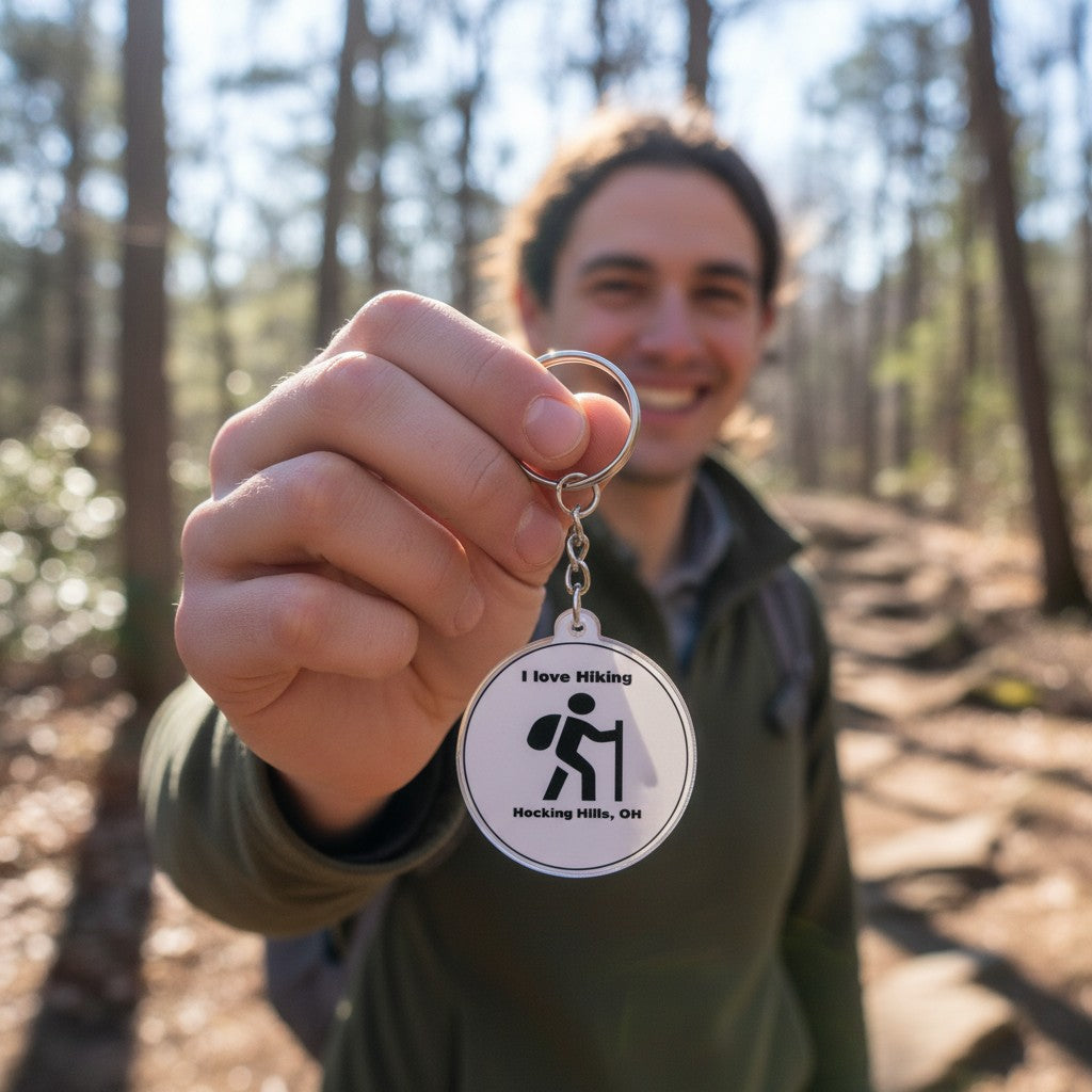 The Hocking Hills Store keychain with a hiker icon and text 'I love Hiking Hocking Hills, OH'.