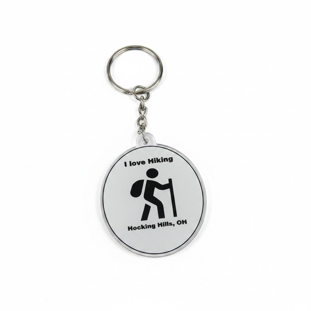 The Hocking Hills Store keychain with a hiker icon and text 'I love Hiking Hocking Hills, OH'.
