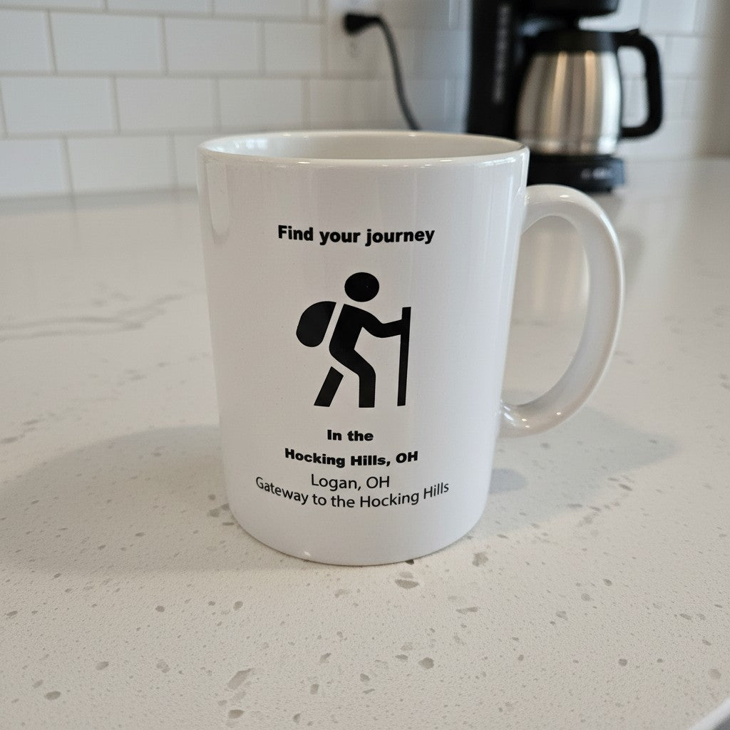 The Hocking Hills Store white ceramic mug with black text and hiker graphic. Features 'Find your journey' and location details.