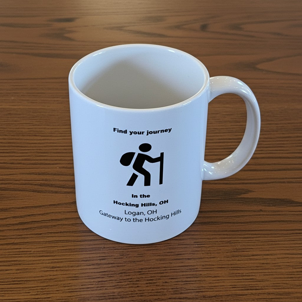 The Hocking Hills Store white ceramic mug with black text and hiker graphic. Features 'Find your journey' and location details.
