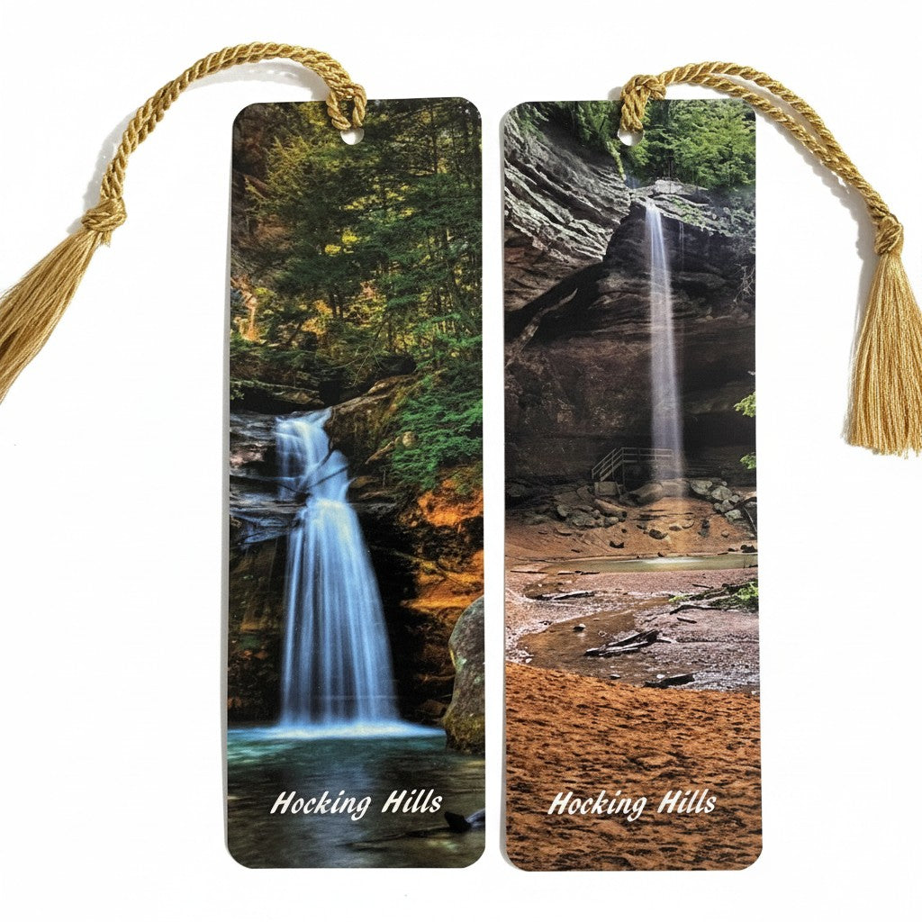 The Hocking Hills Store Hocking Hills picture bookmarks featuring waterfalls and forest scenes. Gold tassels attached.