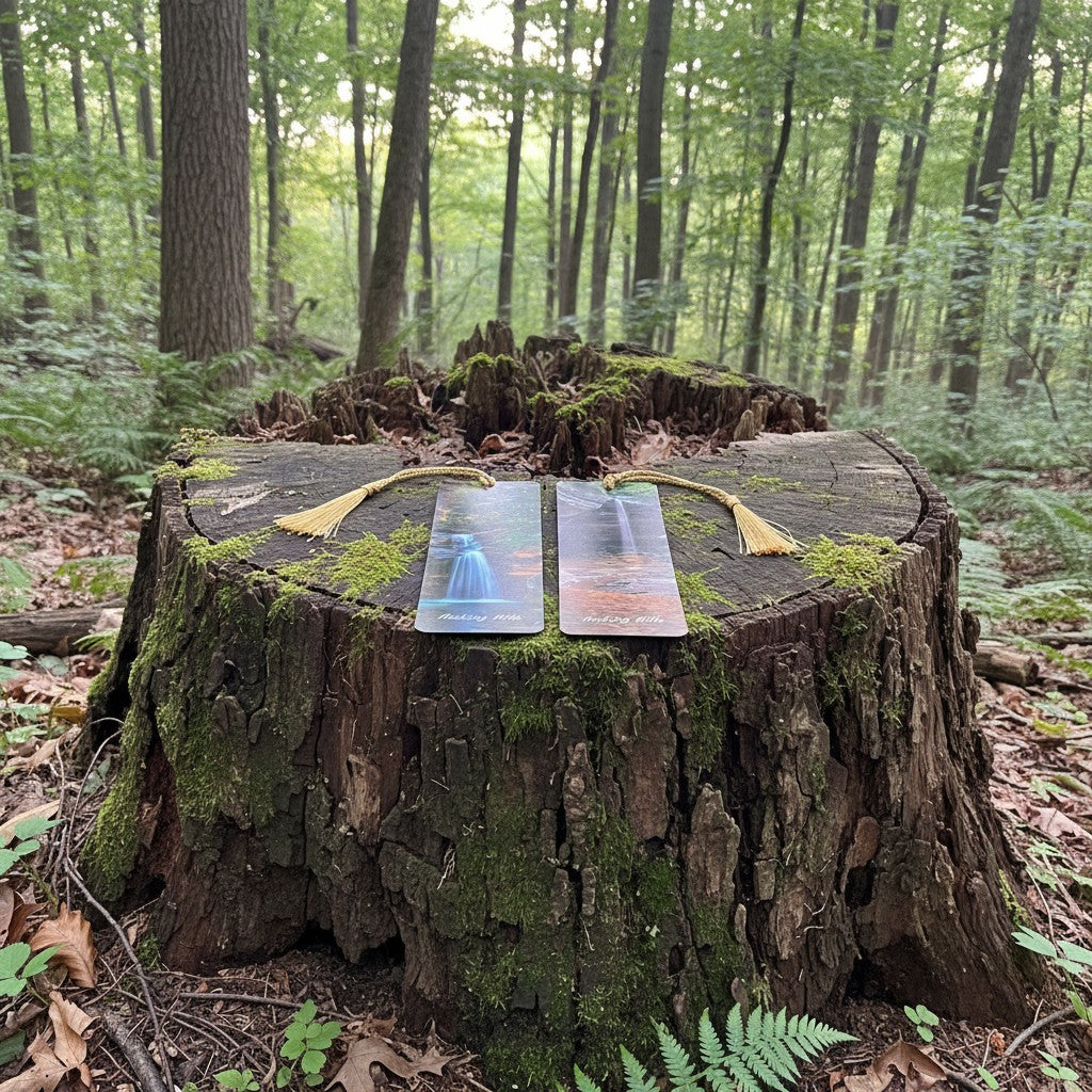 The Hocking Hills Store Hocking Hills picture bookmarks featuring waterfalls and forest scenes. Each bookmark has a gold tassel.