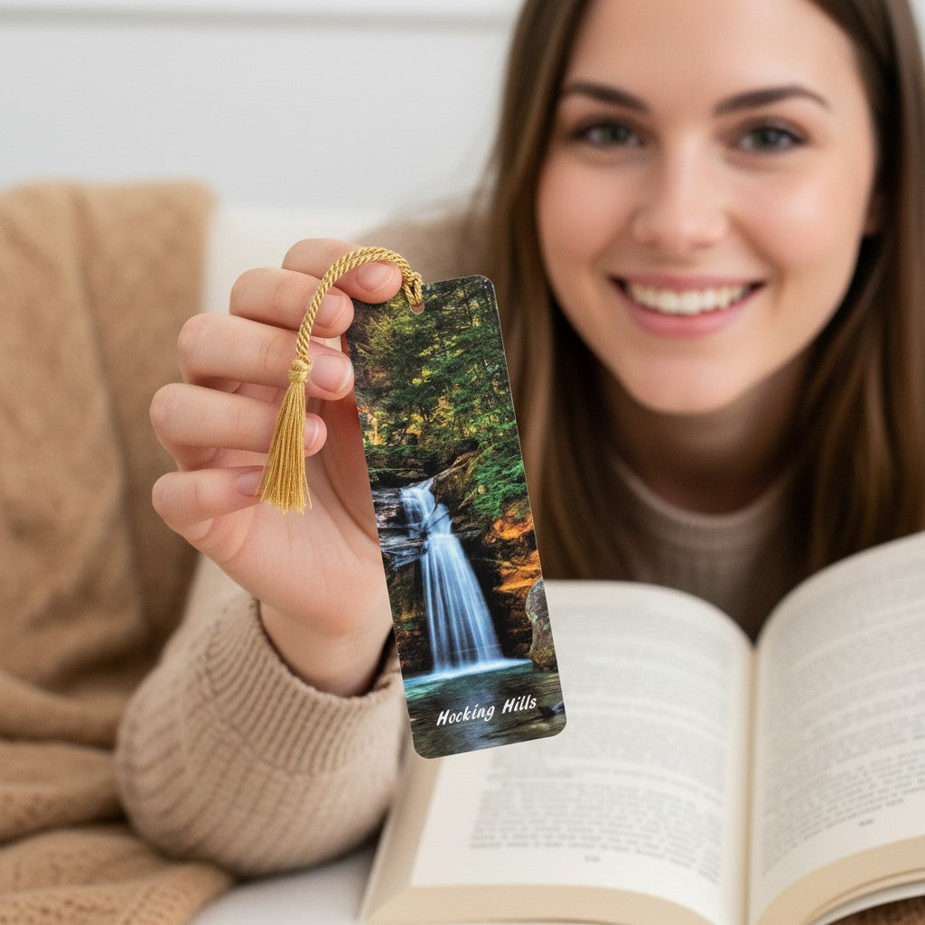 The Hocking Hills Store Hocking Hills picture bookmarks featuring waterfalls and forest scenes. Each bookmark has a gold tassel.