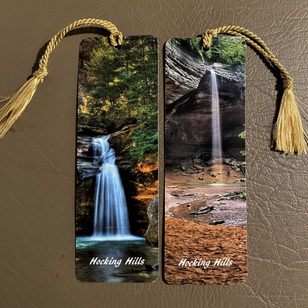 The Hocking Hills Store Hocking Hills picture bookmarks featuring waterfalls and forest scenes, with gold tassels.