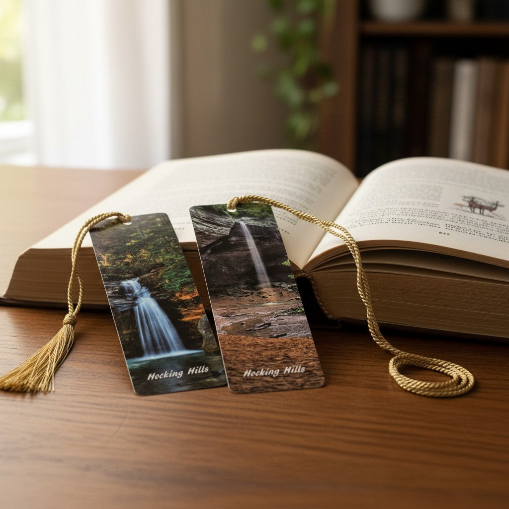 The Hocking Hills Store two scenic bookmarks featuring waterfalls and forest scenes from Ohio's Hocking Hills, each with a gold tassel.