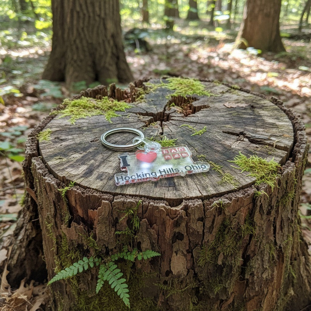 The Hocking Hills Store keychain with red heart and icons for camping, hiking, and kayaking. Features text 'I Love Hocking Hills, Ohio'.