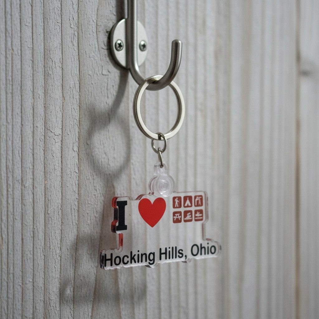 The Hocking Hills Store keychain with clear acrylic, red heart, and icons for camping, hiking, and kayaking. Text reads 'I Love Hocking Hills, Ohio'.