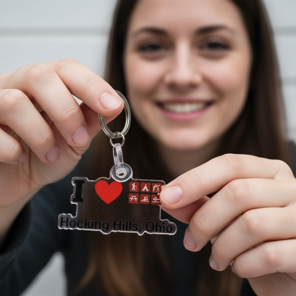 The Hocking Hills Store keychain with 'I Love Hocking Hills, Ohio' text and icons for camping, hiking, and kayaking.