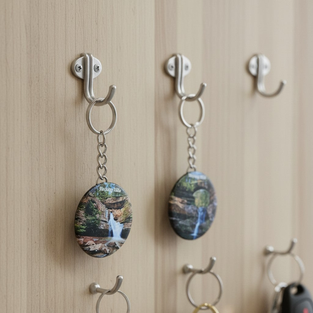 The Hocking Hills Store keychain features a scenic waterfall in Hocking Hills, Ohio, with a silver metal ring and chain.
