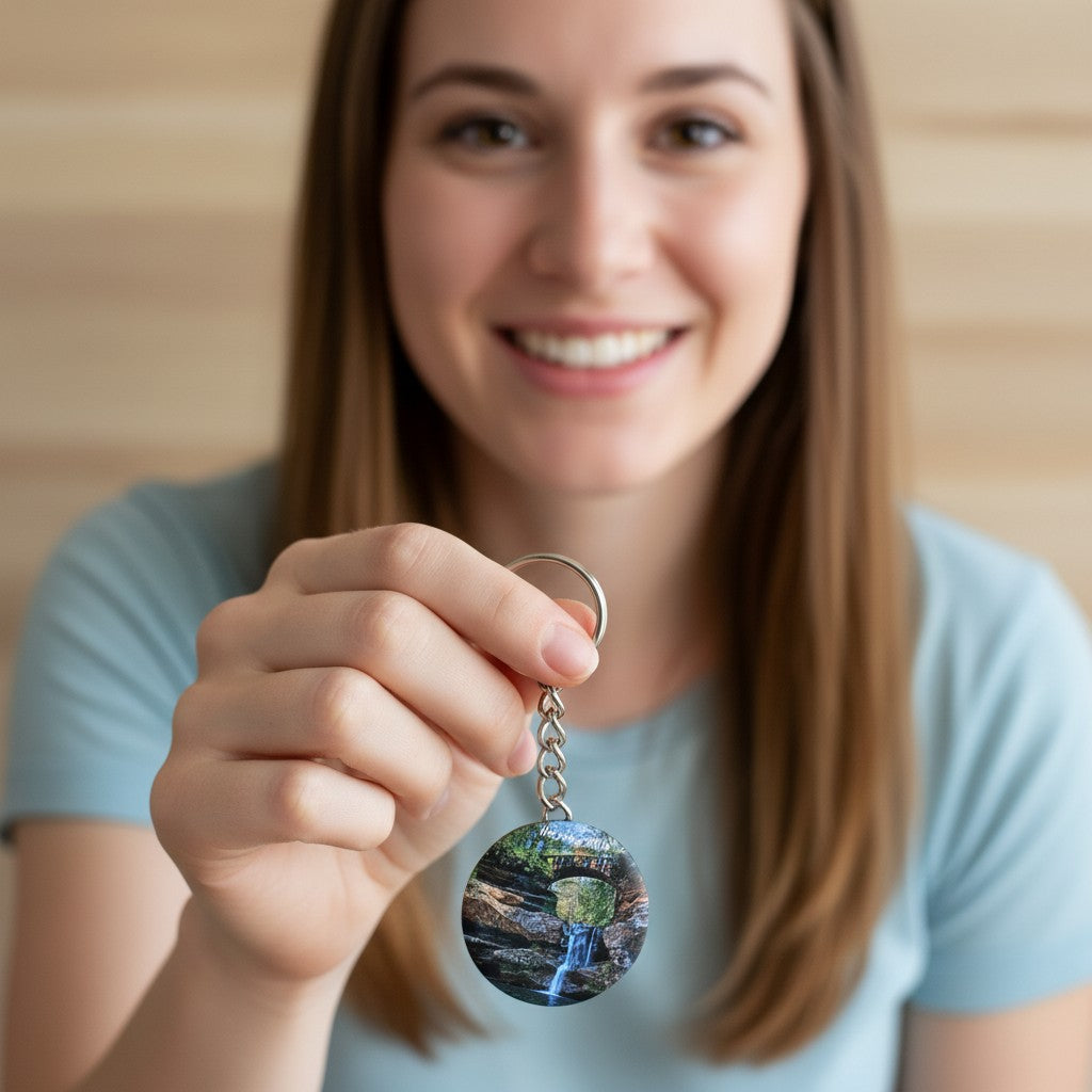 The Hocking Hills Store keychain features a scenic waterfall and stone bridge in Hocking Hills, Ohio.